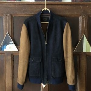 J.CREW leather jacket coat navy blue brown bomber